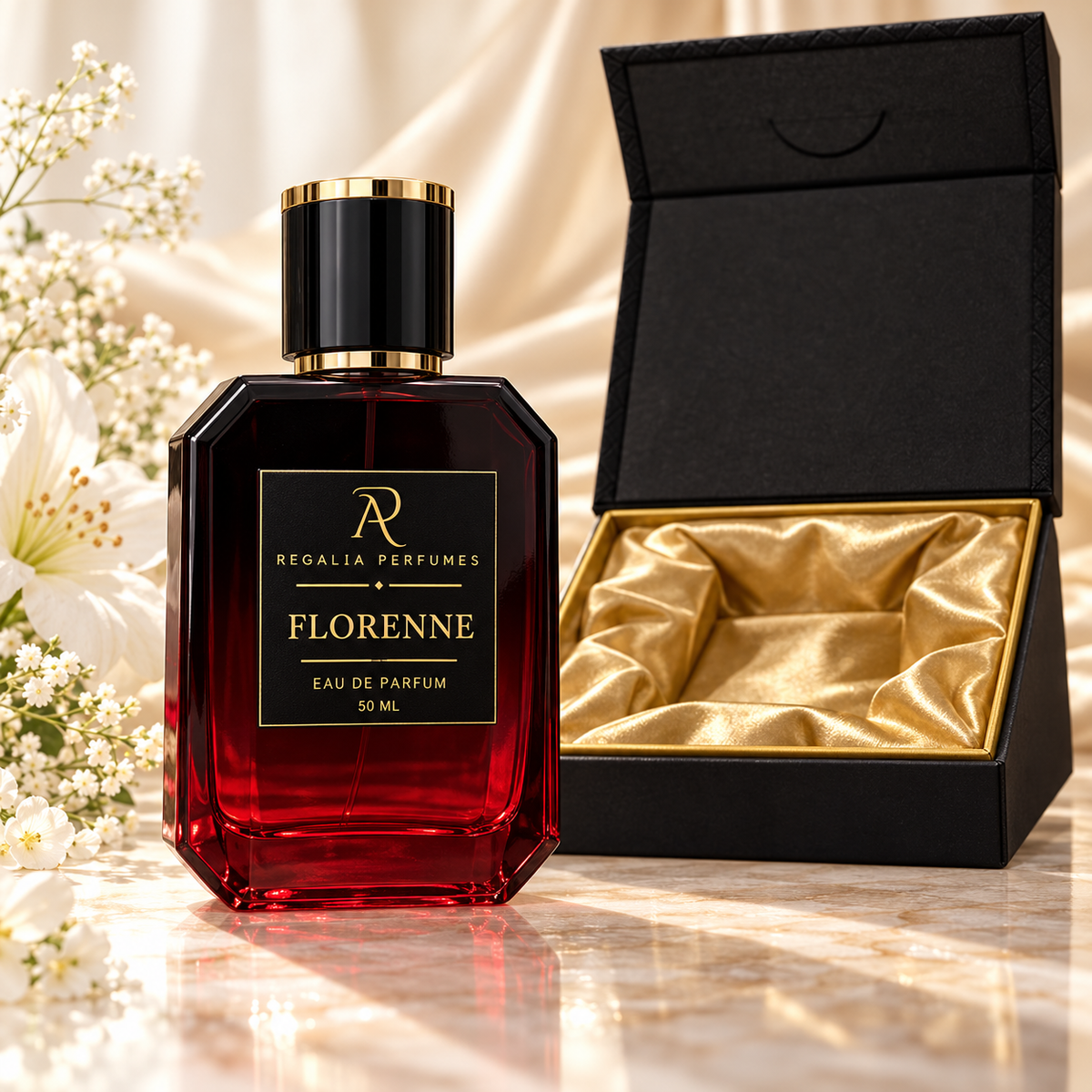 Florenne red perfume bottle with gold R/P logo and gold satin presentation box