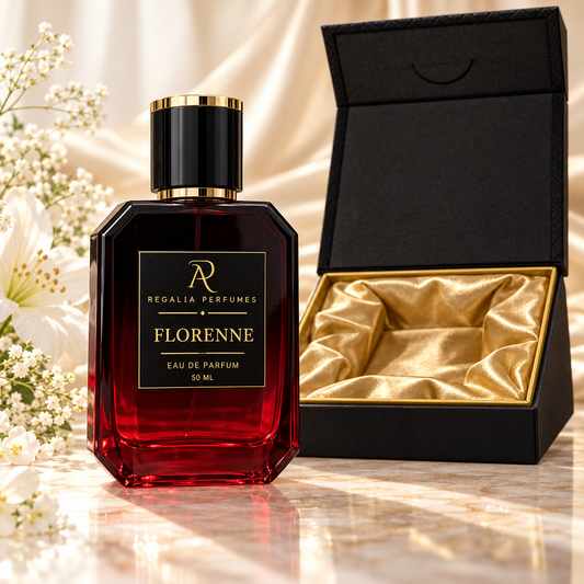 Florenne red perfume bottle with gold R/P logo and gold satin presentation box