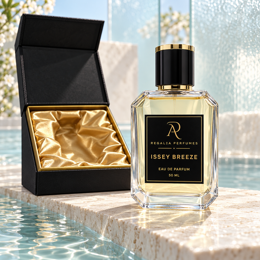 Issey Breeze transparent perfume bottle with gold R/P logo and gold satin presentation box