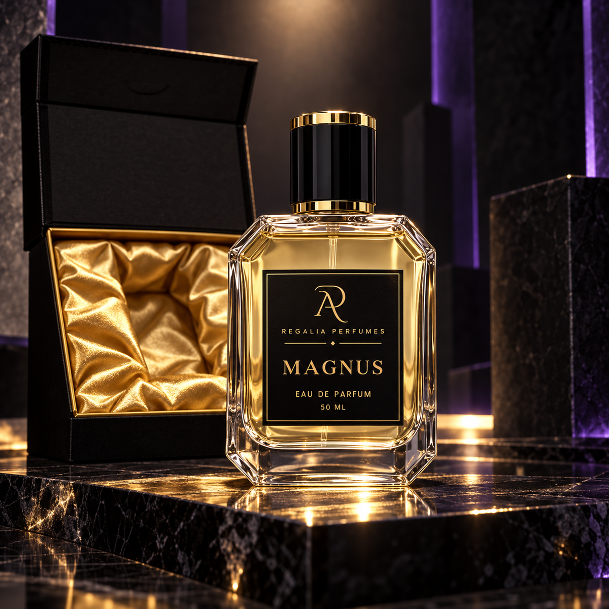 Magnus transparent perfume bottle with gold R/P logo and gold satin presentation box