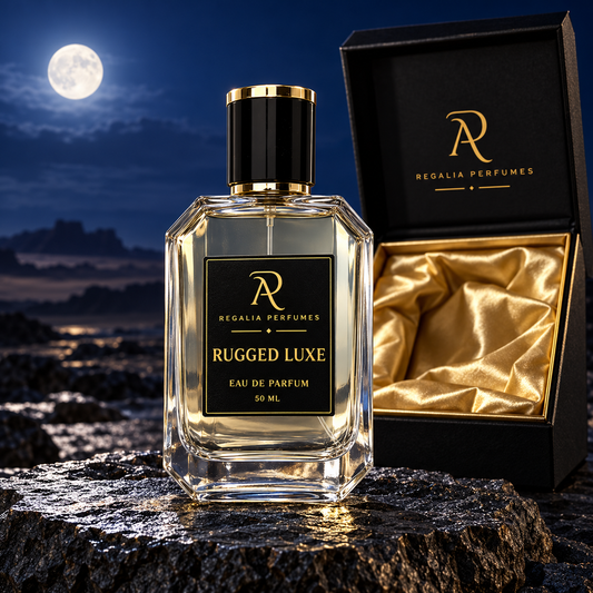 Rugged Luxe transparent perfume bottle with gold R/P logo and satin presentation box on midnight basalt