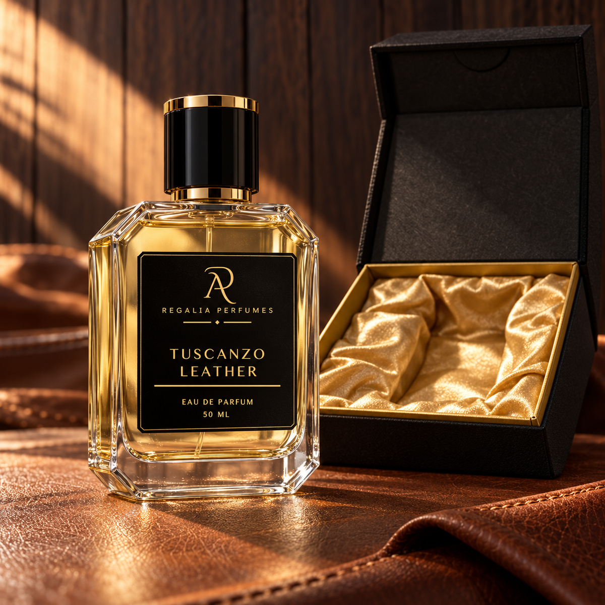 Tuscanzo Leather transparent perfume bottle with gold R/P logo and gold satin presentation box